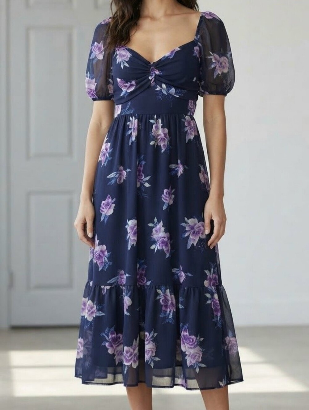 Mi Ami for Francesca's Navy Purple Floral Puff Sleeve Midi Dress